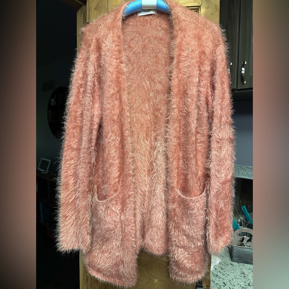 Fuzzy peach long cardigan sweater super soft boho pockets leisure casual open L